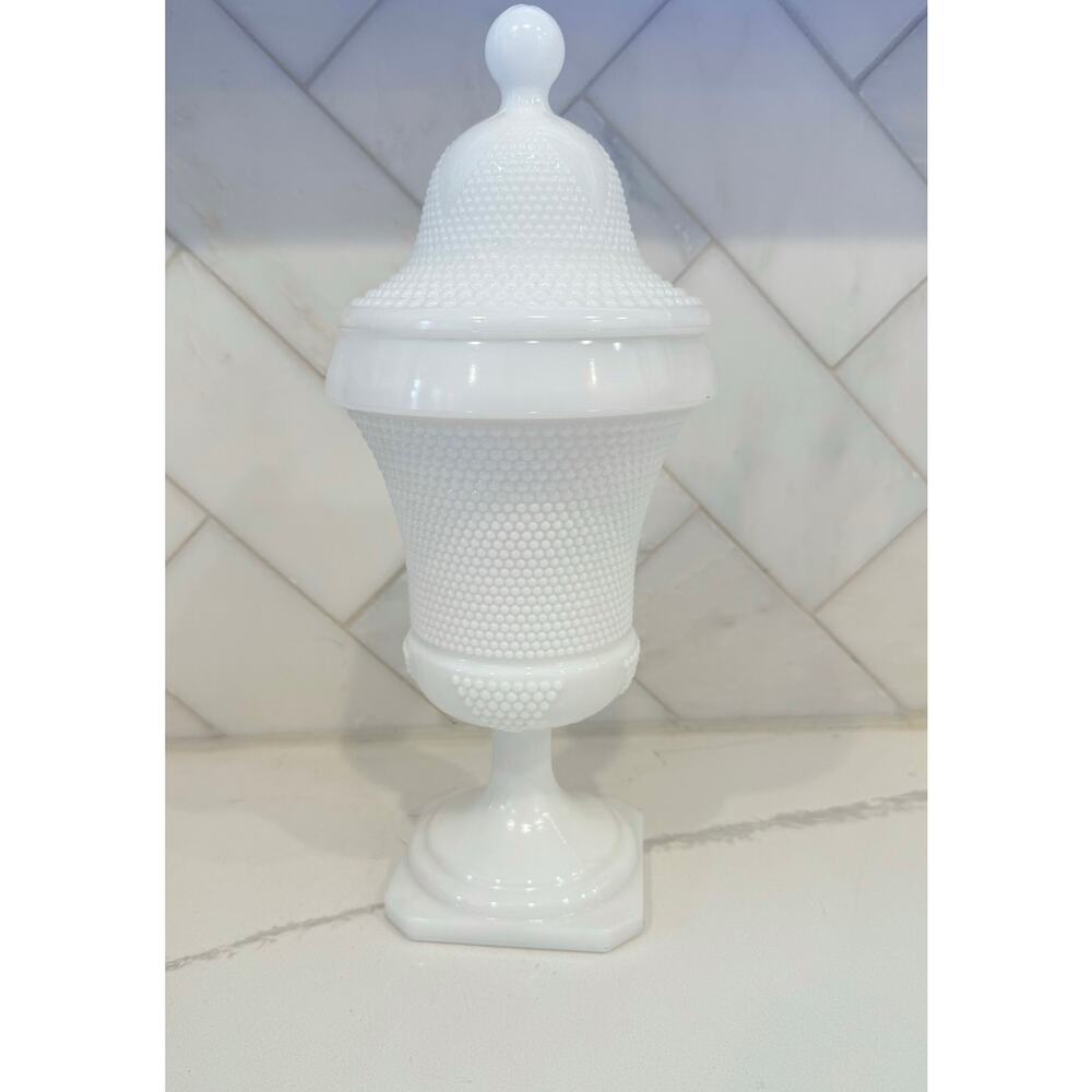 Vintage White Milk Glass Lidded Pedestal Jar Candy Dish Apothecary Decor